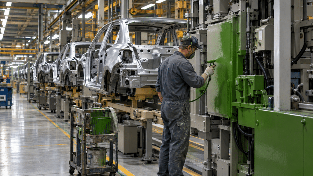 Chaine de montage voiture ouvrier peignant en vert les machines